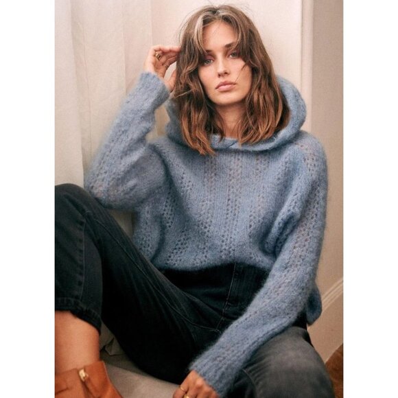 EUC Sézane Theodore Mohair Blend Openwork Hoodie Sweater Vintage Blue Small - Picture 1 of 8